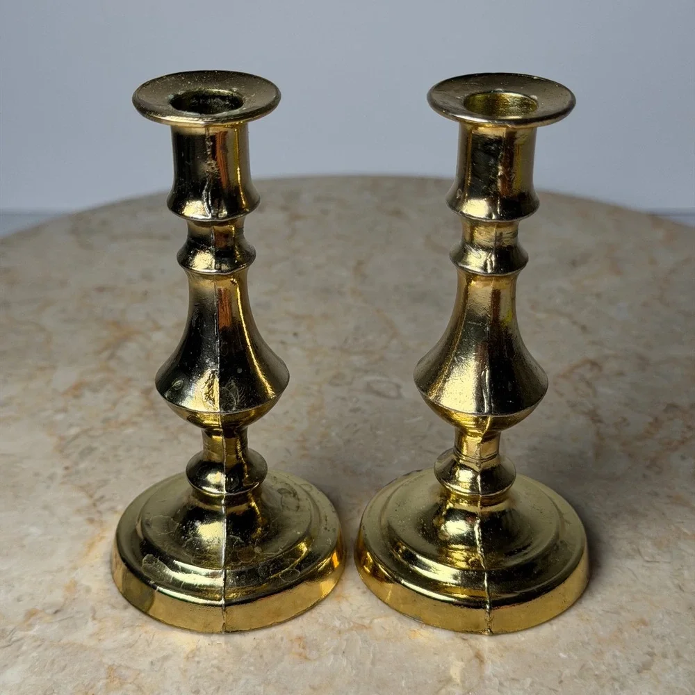 Vintage Made in England Brass Candlestick Set 4 Inch Gold Baluster Taper Holders